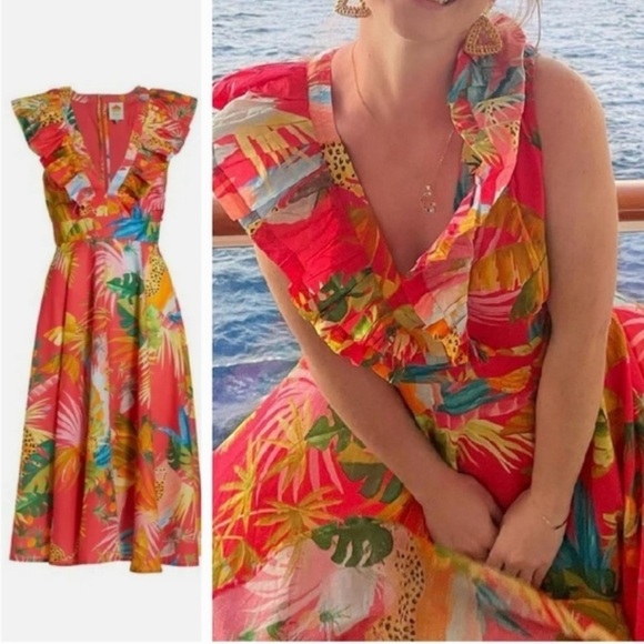 Farm Rio- Tropical Jungle Midi Dress Size S Red Deep V Summer Flutter Sleeves - Picture 3 of 16